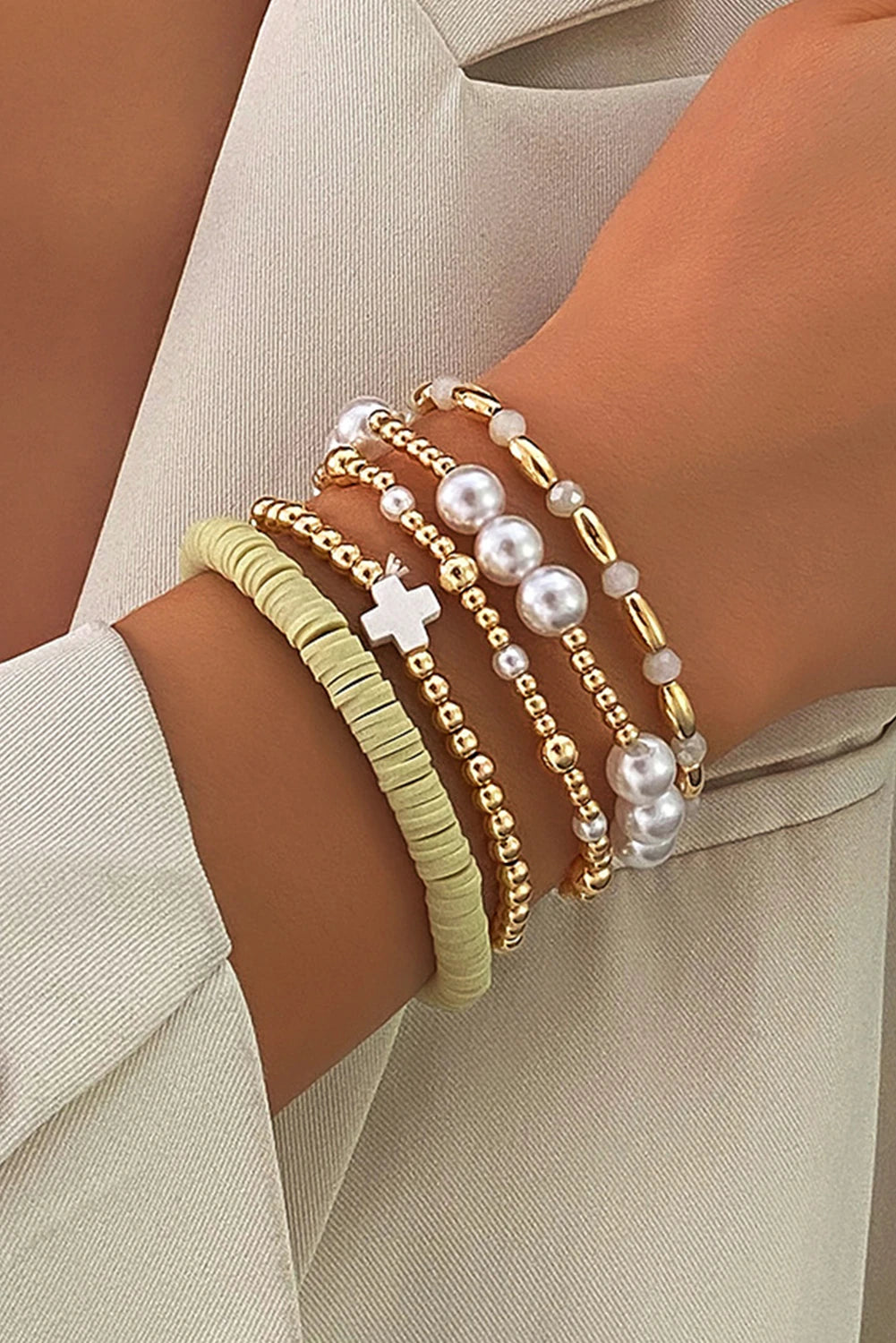 Gold Beading/Pearl 5Pcs Bracelet Set