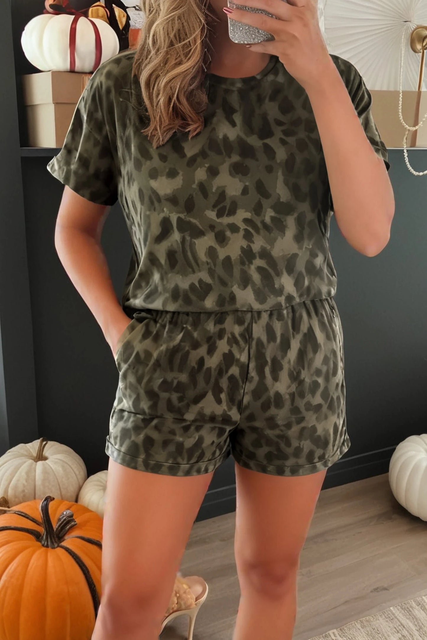 Brown Leopard Crew Neck Short Set