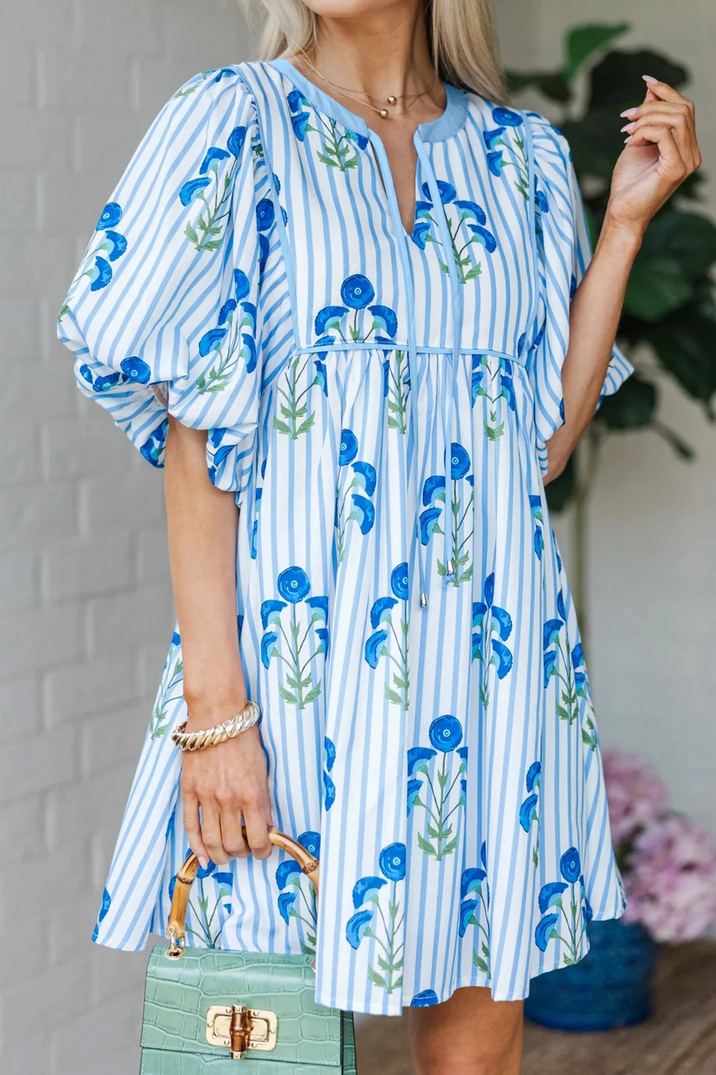 Blue Floral Puff Sleeve Mini Dress