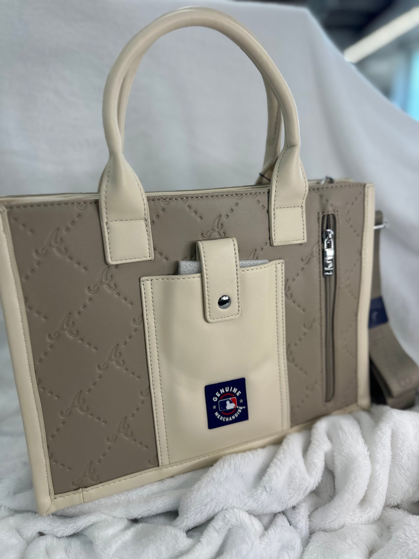 MLB Embossed Taupe Leather Medium Tote - ATL Braves