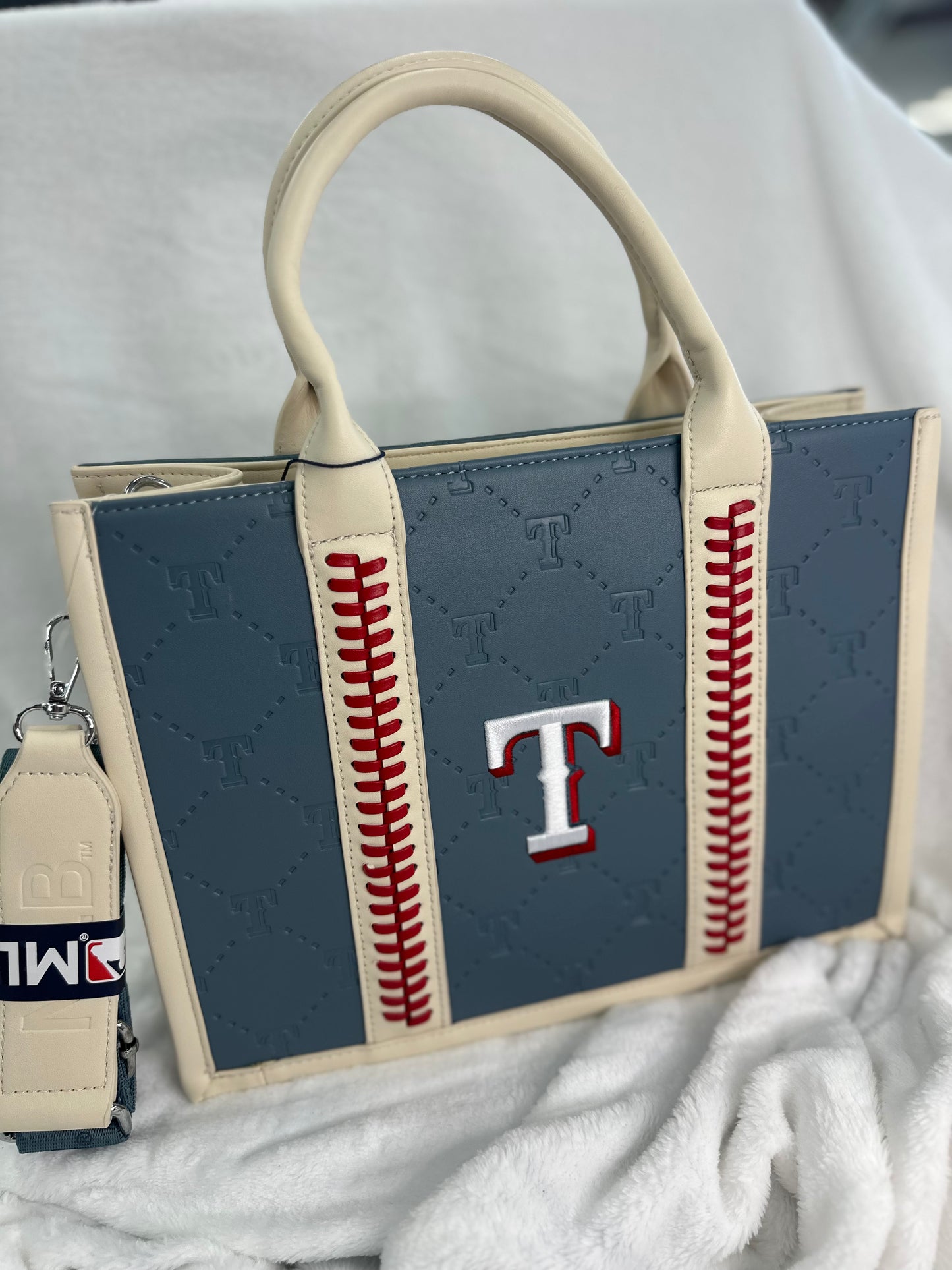 MLB Embossed Light Blue Leather Medium Tote - TX Rangers