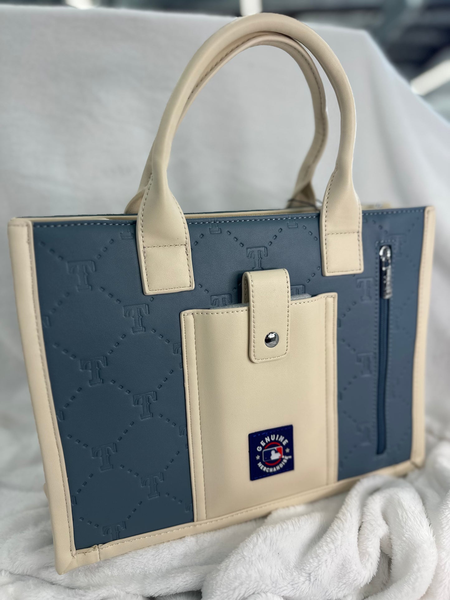 MLB Embossed Light Blue Leather Medium Tote - TX Rangers