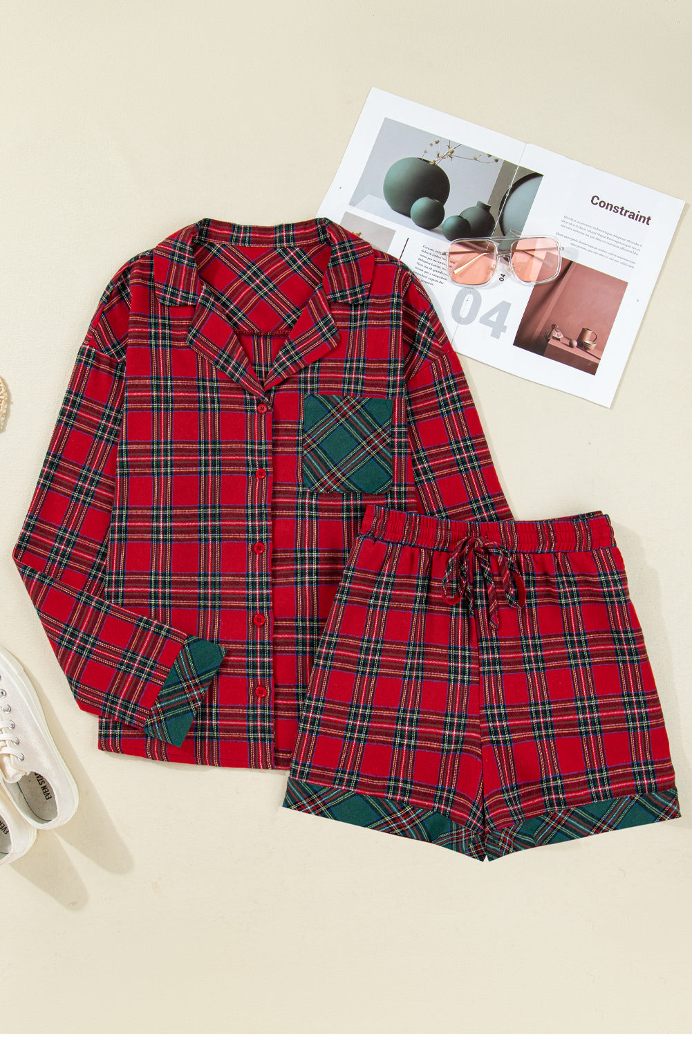 Red Plaid w/ Green Pocket LS/Short PJ Set