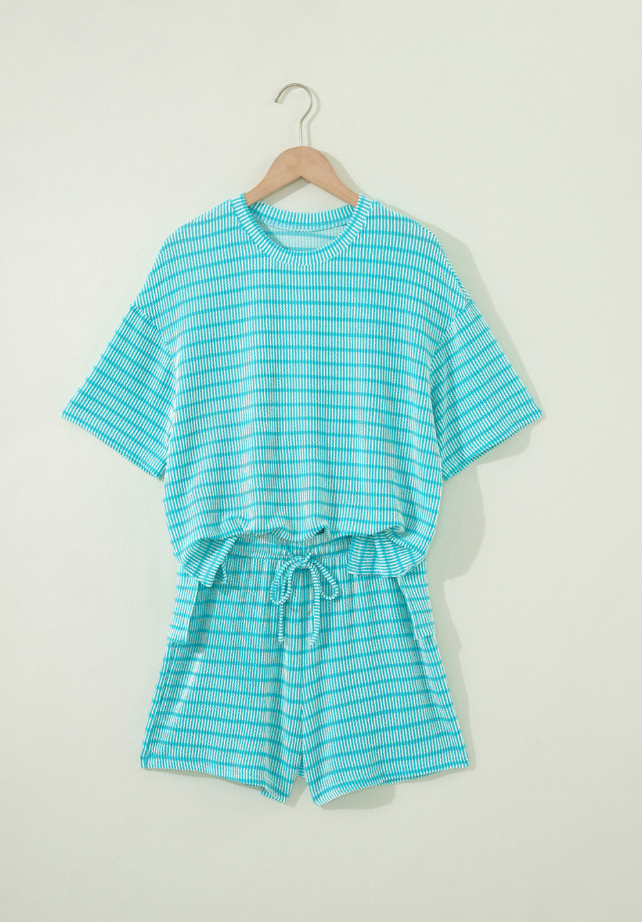 Sky Blue Ribbed Drawstring Short Set