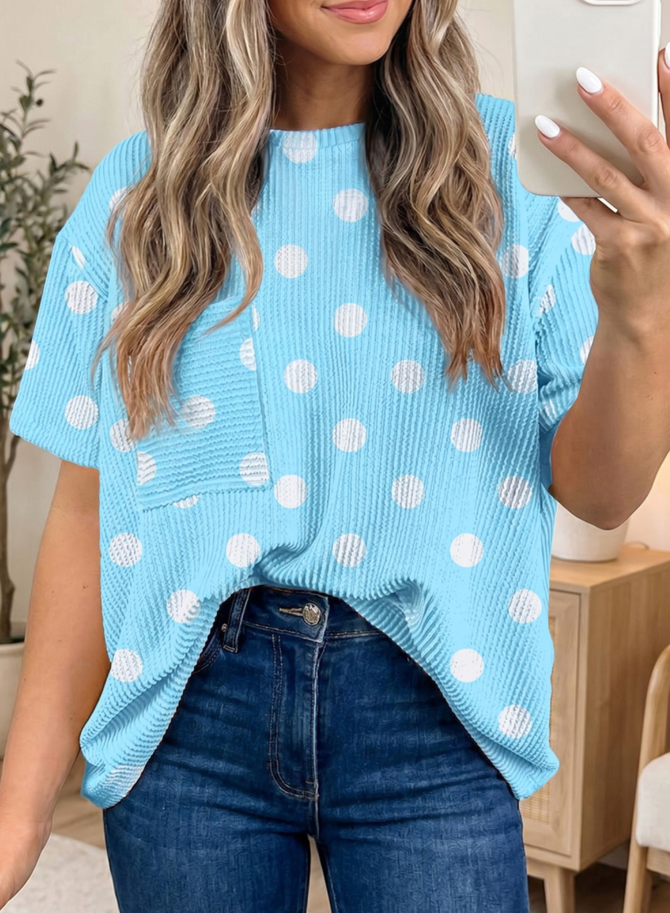 Sky Blue Polka Dot Ribbed Top