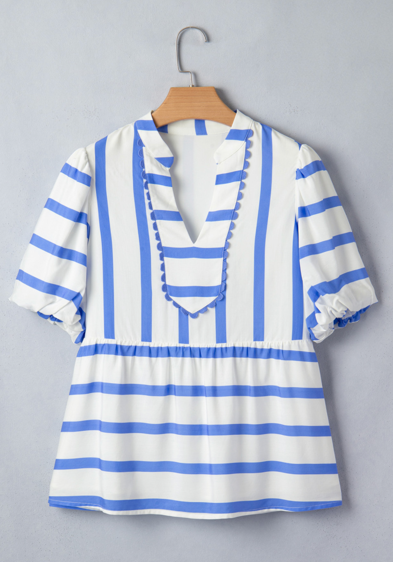 Sky Blue Stripe Puff Sleeve Blouse