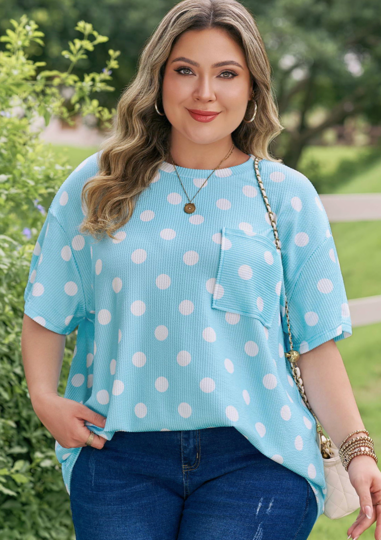 PLUS Sky Blue Ribbed Polka Dot Tee