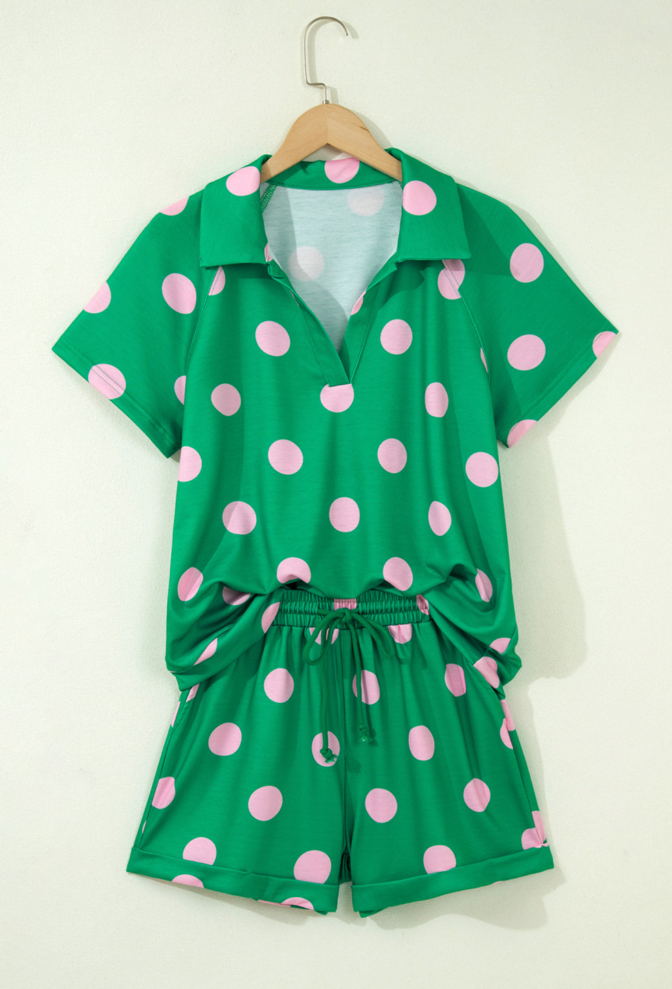 Green Polka Dot VNeck Short Set