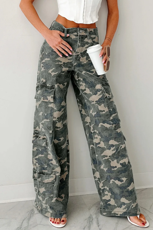 Camo Denim Cargo Wide Leg Jeans