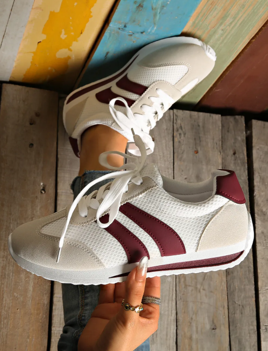 White/Maroon Patchwork Sneakers