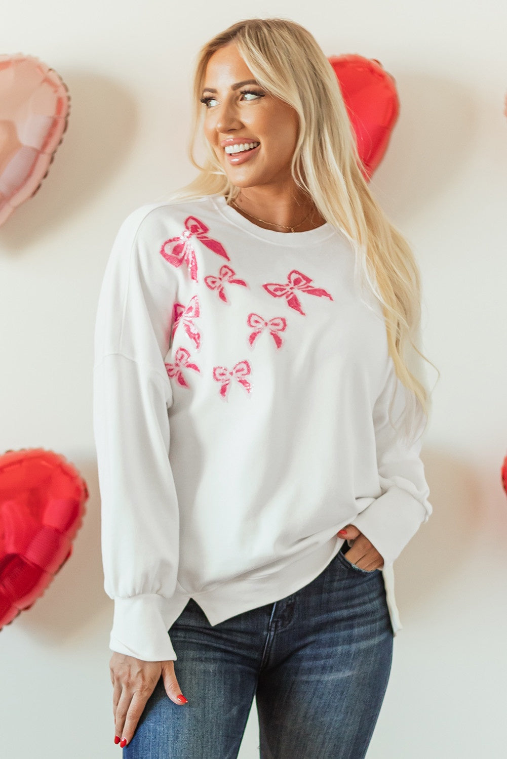 White Sequin Bowknot High Low Oversized Sweatshirt
