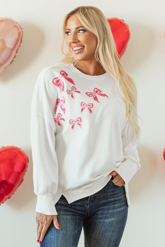 White Sequin Bowknot High Low Oversized Sweatshirt