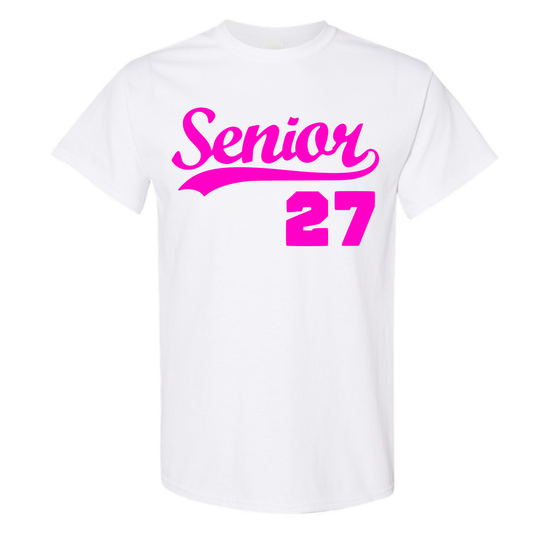White Senior T-Shirt w/Pink Print