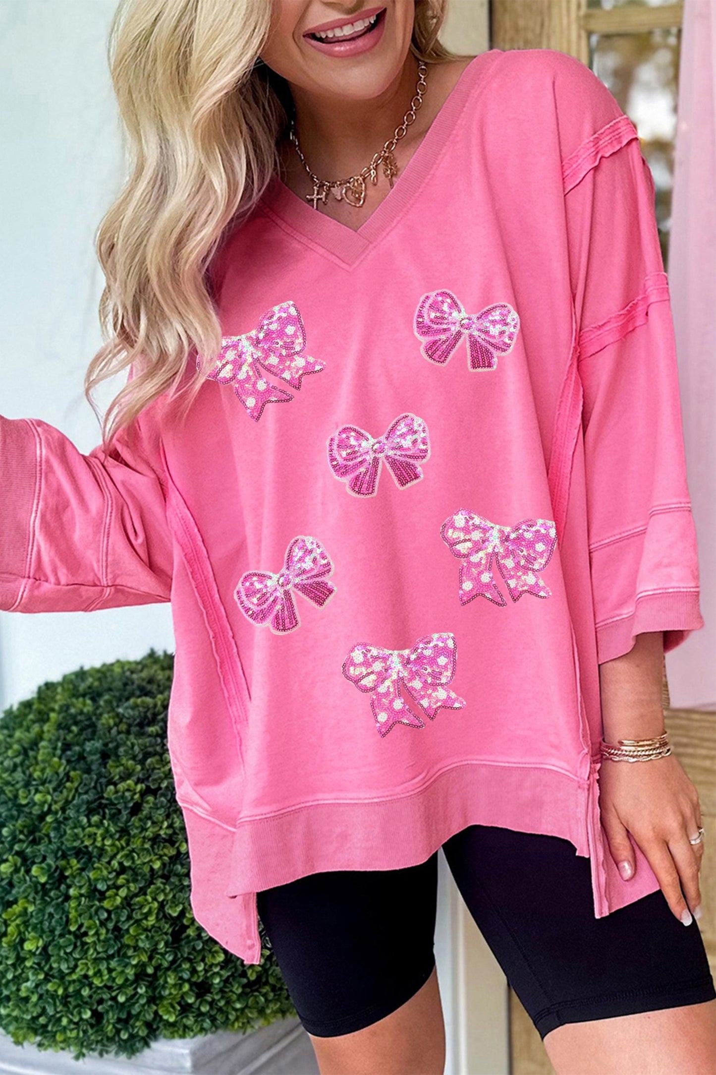 BonBon Sequined Bow Patched Quarter Sleeve Top