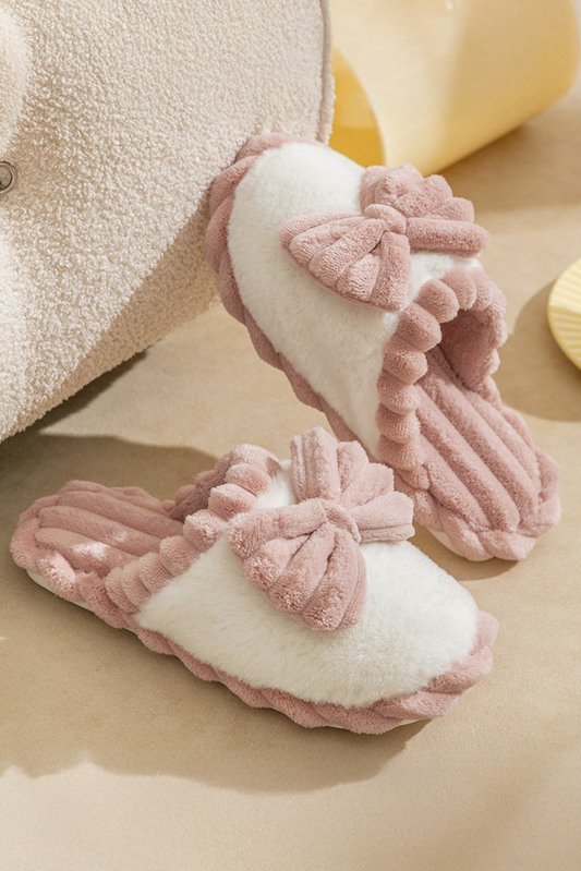 Fuschia Bow Ribbed Plush Slippers