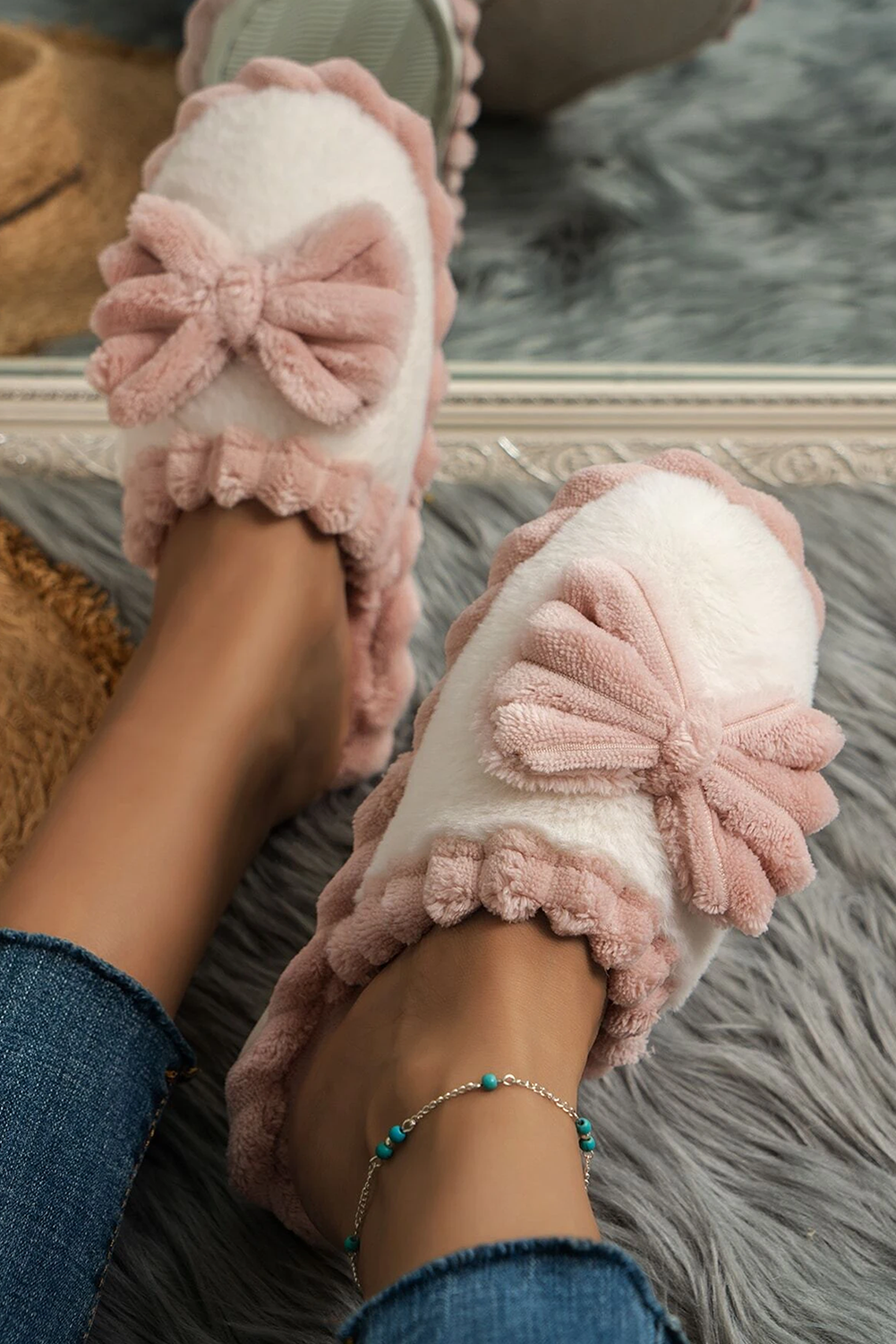Fuschia Bow Ribbed Plush Slippers