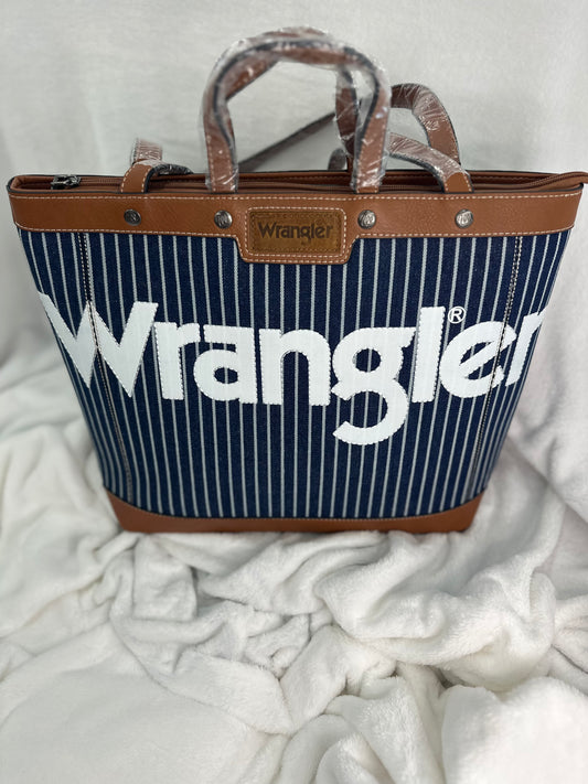 Wrangler Canvas Large Print Name Tote - Blue Striped