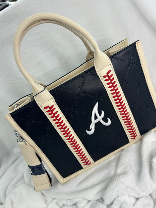 MLB Embossed Black Leather Medium Tote - ATL Braves