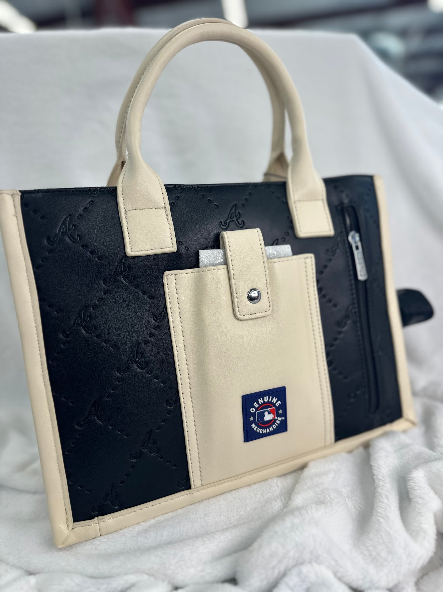 MLB Embossed Black Leather Medium Tote - ATL Braves