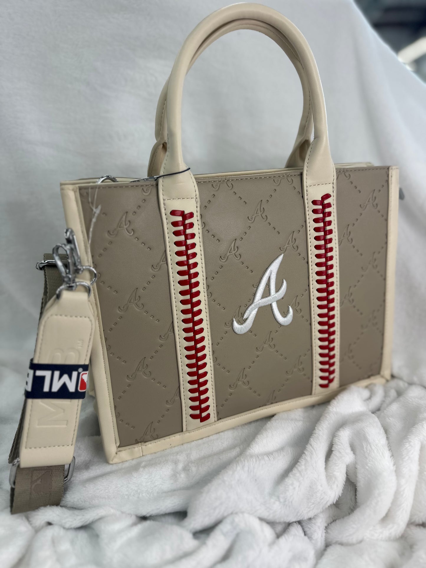 MLB Embossed Taupe Leather Medium Tote - ATL Braves