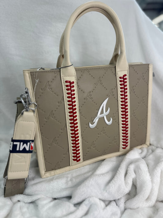MLB Embossed Taupe Leather Medium Tote - ATL Braves