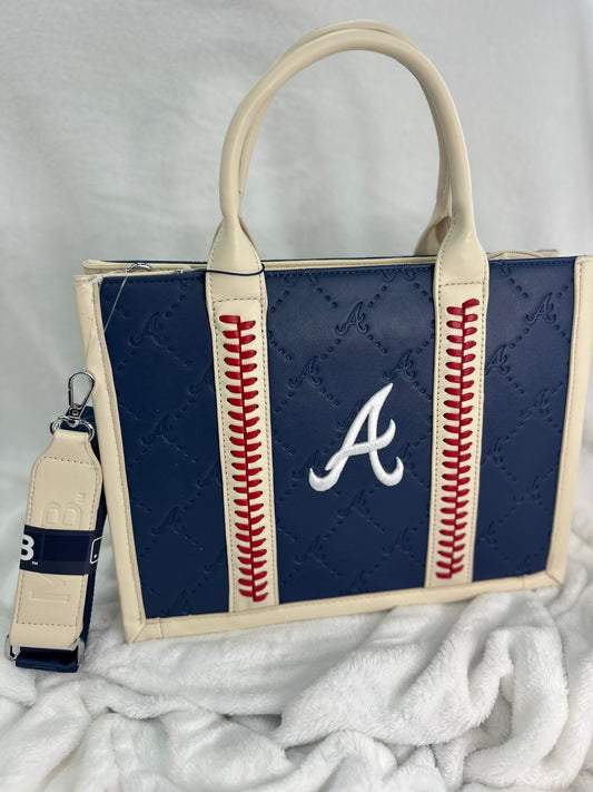 MLB Embossed Dark Blue Leather Medium Tote - ATL Braves