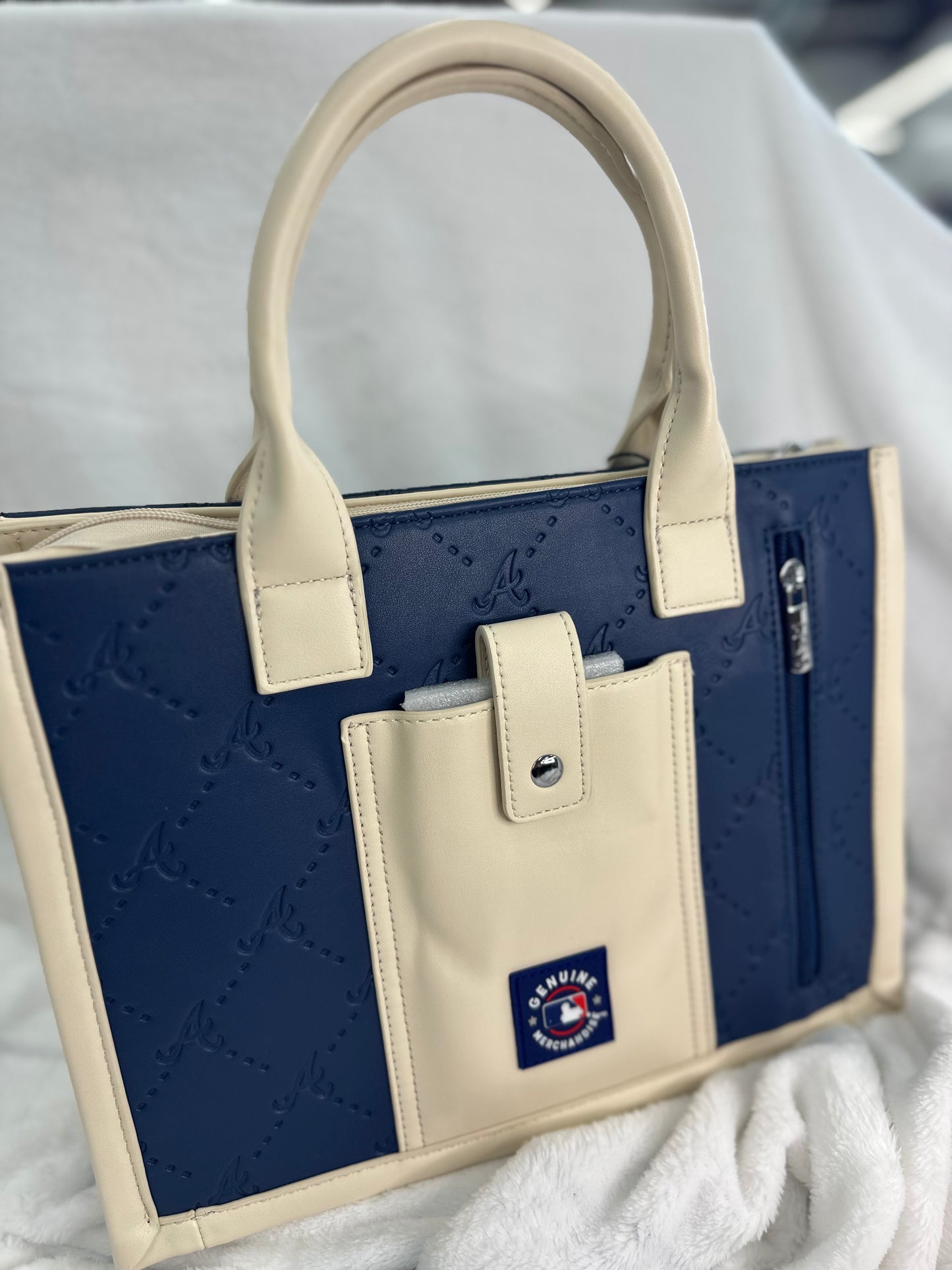 MLB Embossed Dark Blue Leather Medium Tote - ATL Braves
