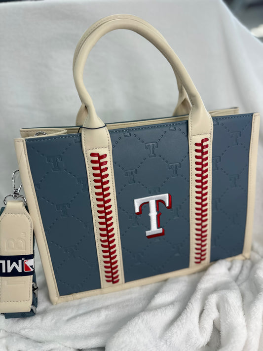 MLB Embossed Light Blue Leather Medium Tote - TX Rangers