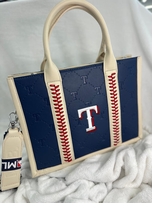 MLB Embossed Dark Blue Leather Medium Tote - TX Rangers