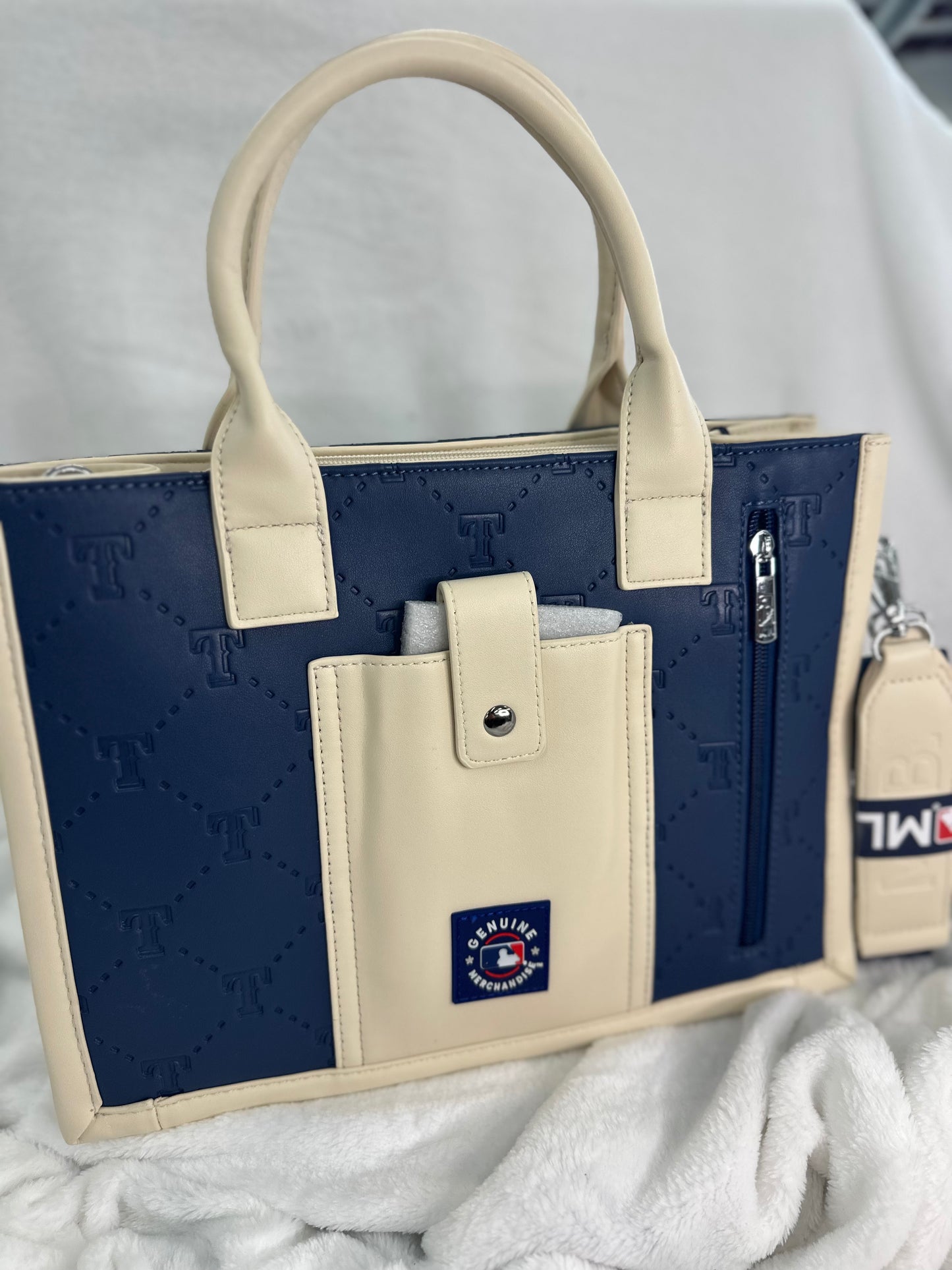MLB Embossed Dark Blue Leather Medium Tote - TX Rangers