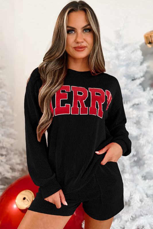 Black Corded MERRY Long Sleeve/Short Set