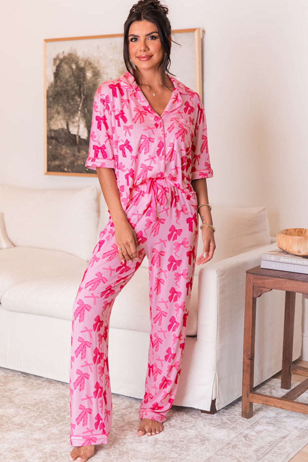 Pink Bow Knot Lapel Collar SS and Pants PJ Set