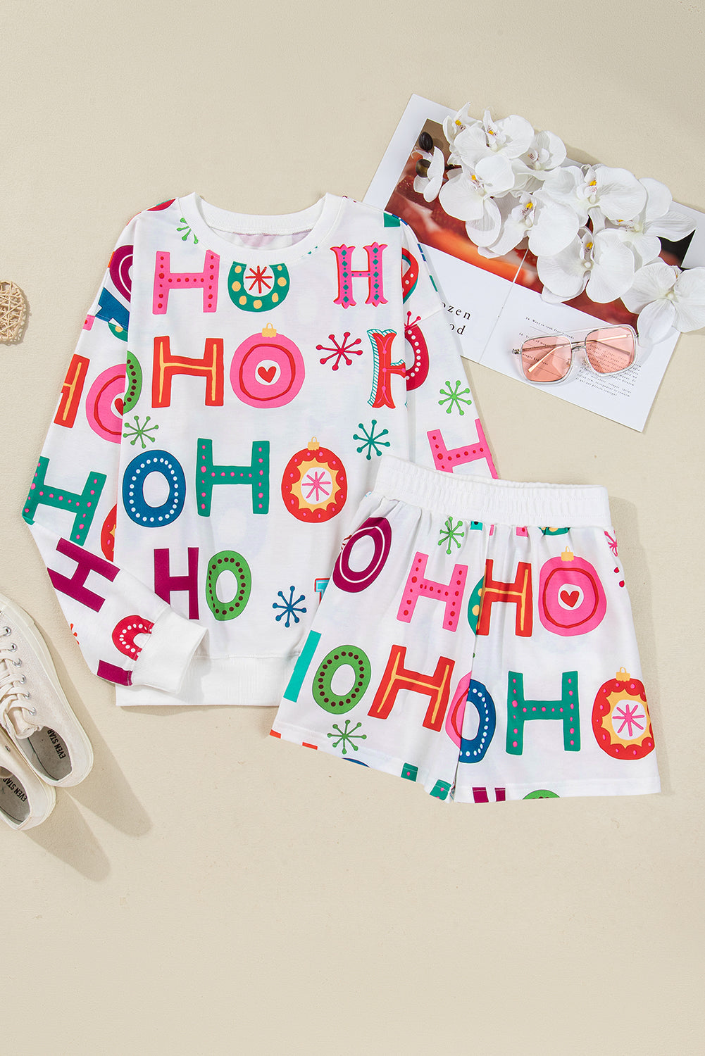 White HOHOHO Sweatshirt/Short Set