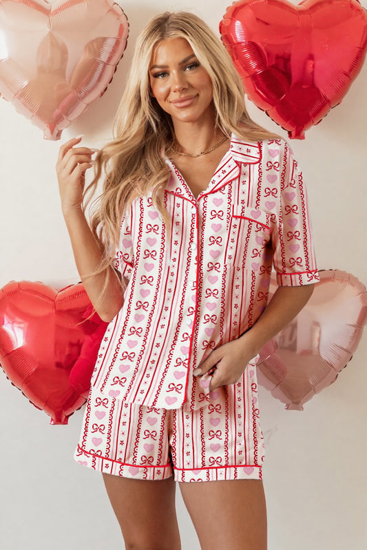 Red Bow Heart Ribbon Short PJ Set