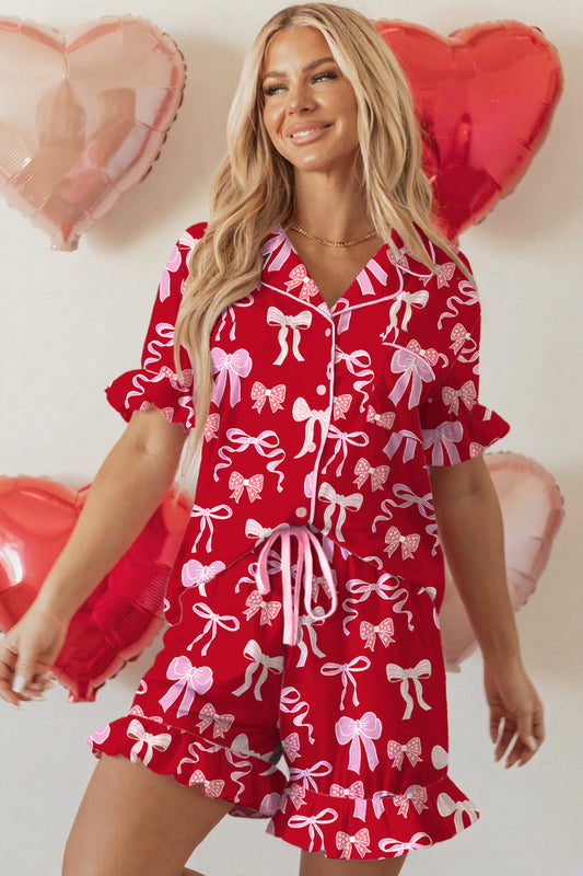Red Sweet Bow Ruffled Short PJ Set