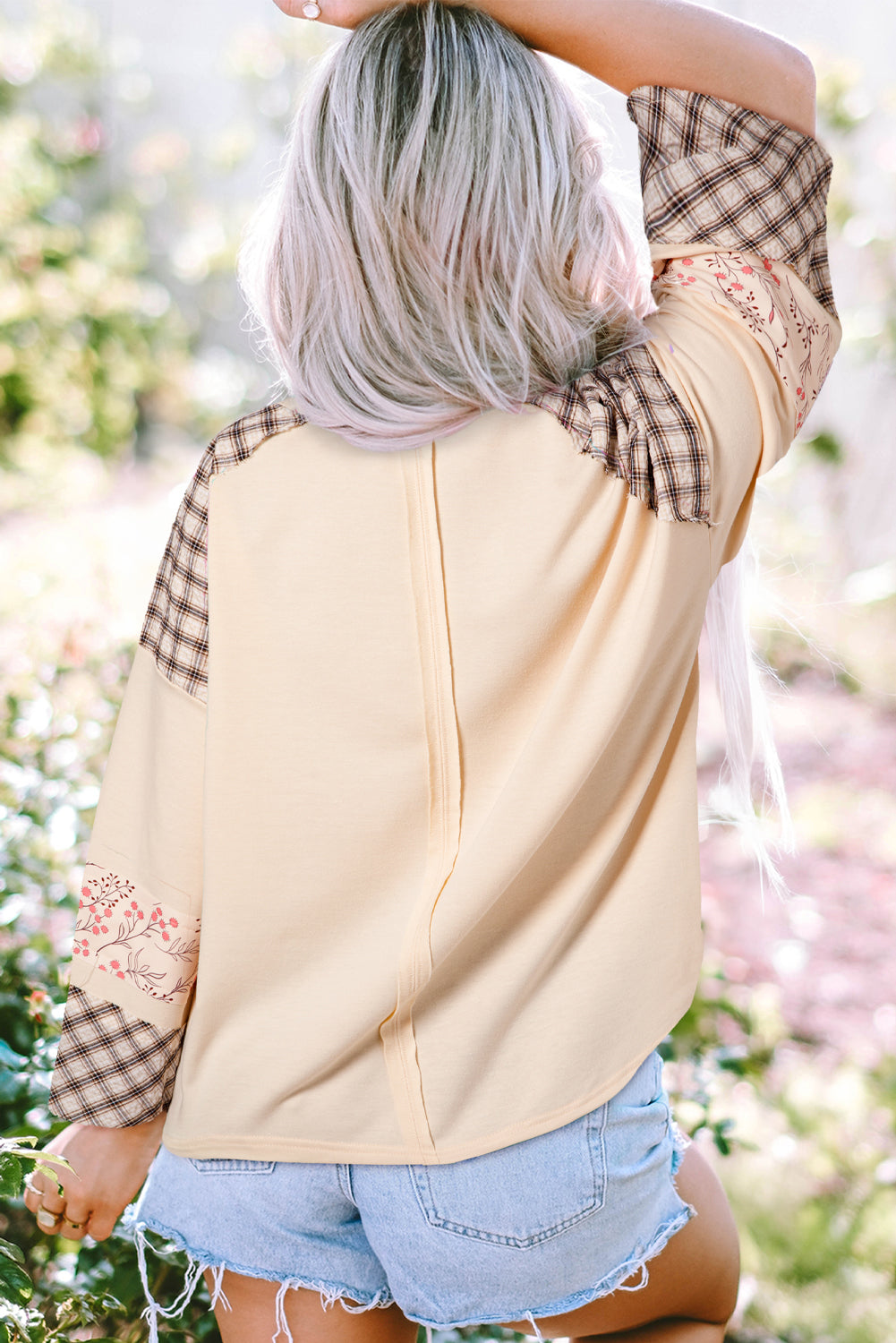 Beige Plaid Floral Peace Heart LS Top