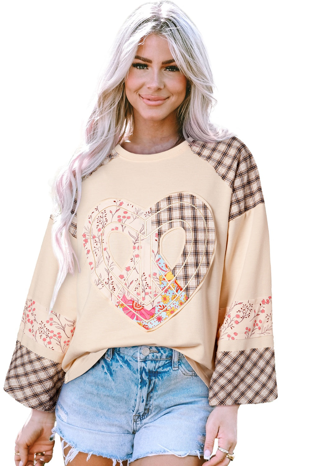 Beige Plaid Floral Peace Heart LS Top