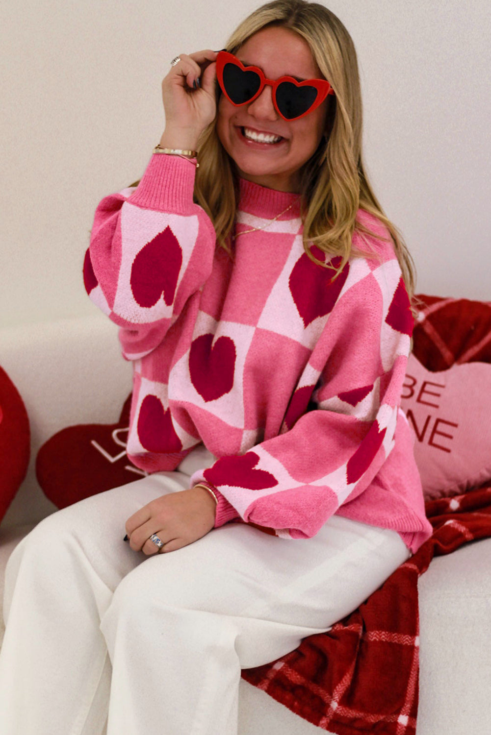 Pink Love Heart Checkered Sweater