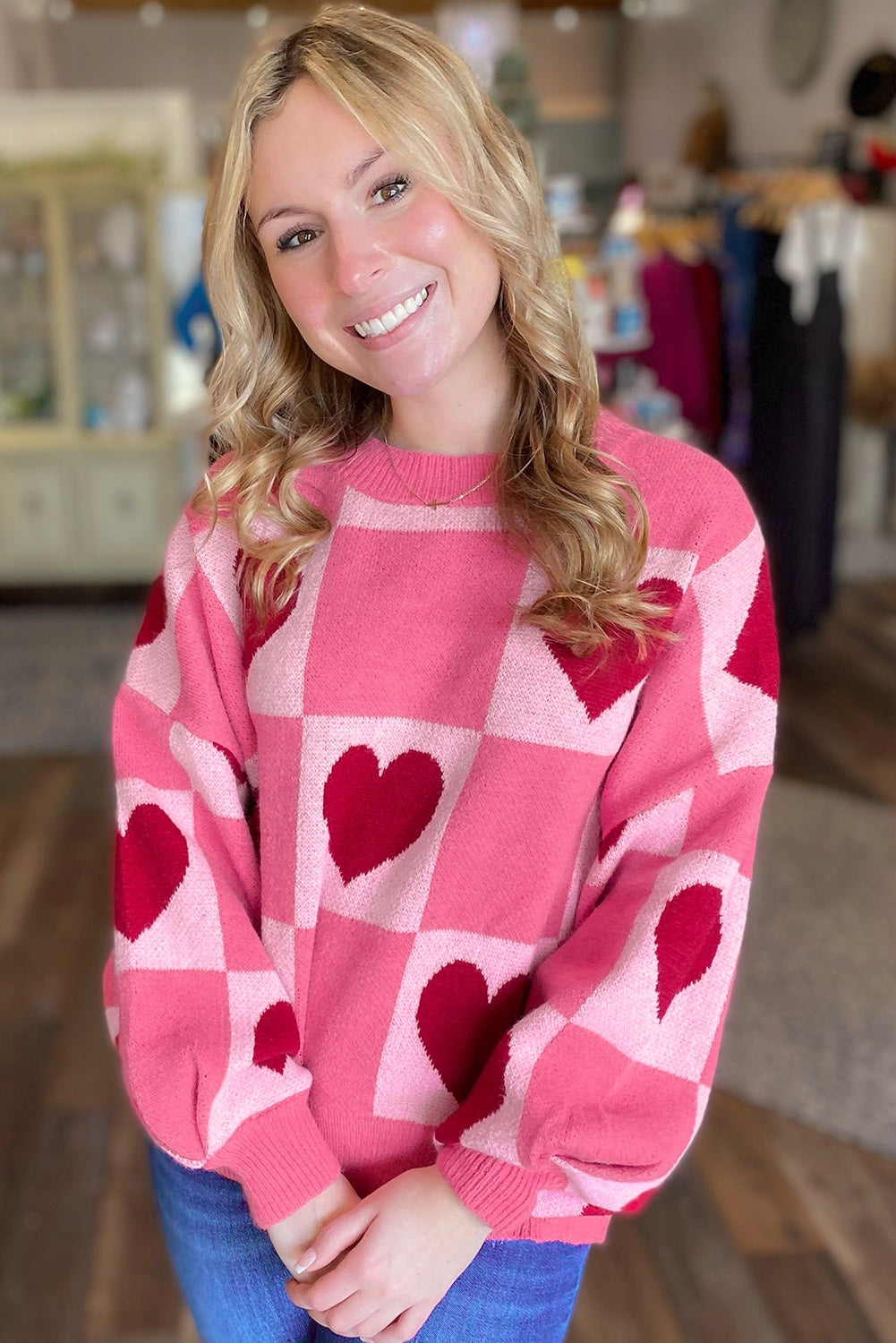 Pink Love Heart Checkered Sweater
