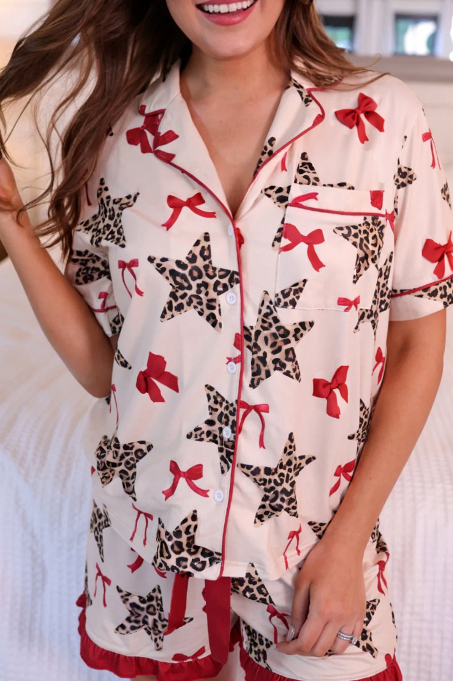 White Leopard Star Contrast Trim Short PJ Set