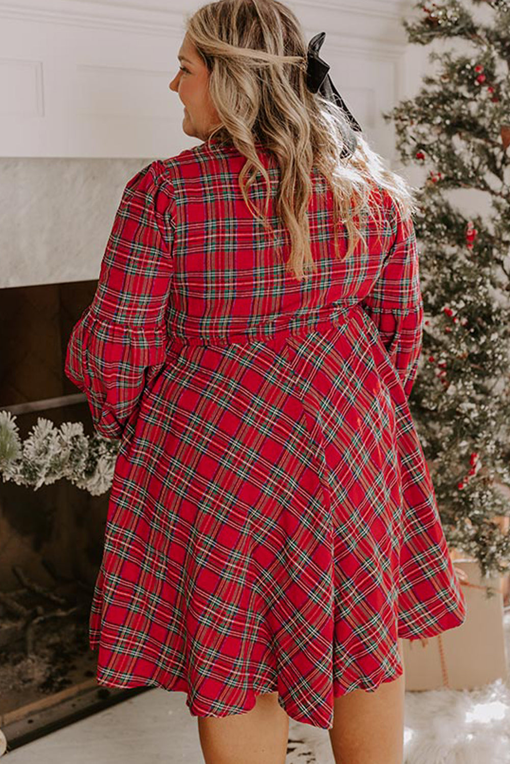 PLUS Red Plaid Long Sleeve Holiday Dress