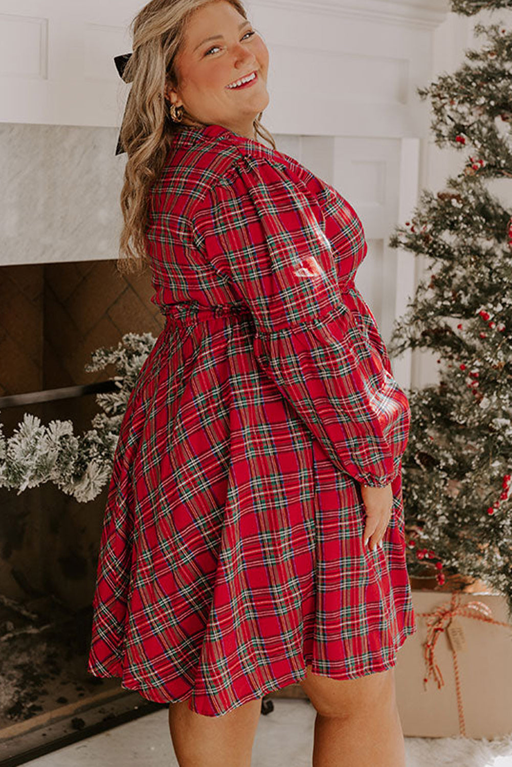 PLUS Red Plaid Long Sleeve Holiday Dress