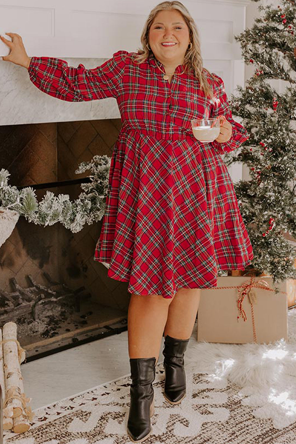 PLUS Red Plaid Long Sleeve Holiday Dress
