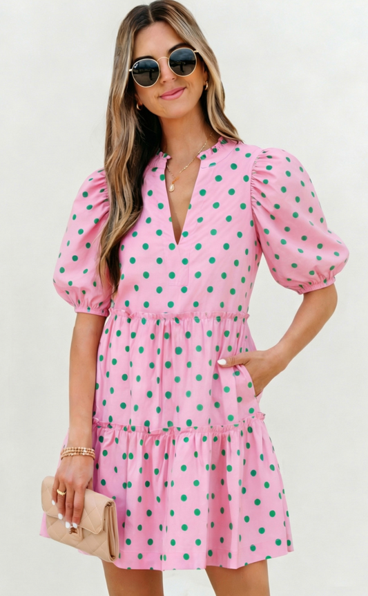 Pink/Green Polka Dot VNeck Dress