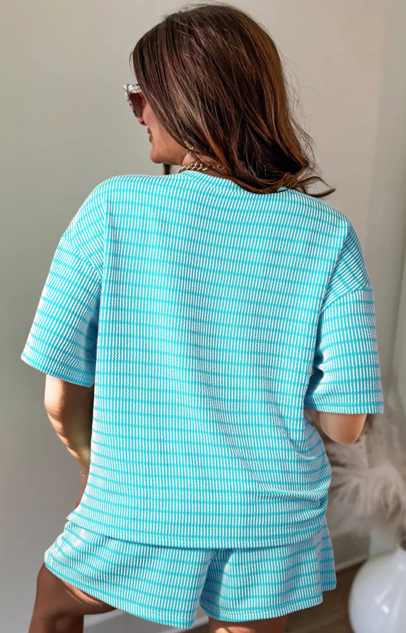 Sky Blue Ribbed Drawstring Short Set