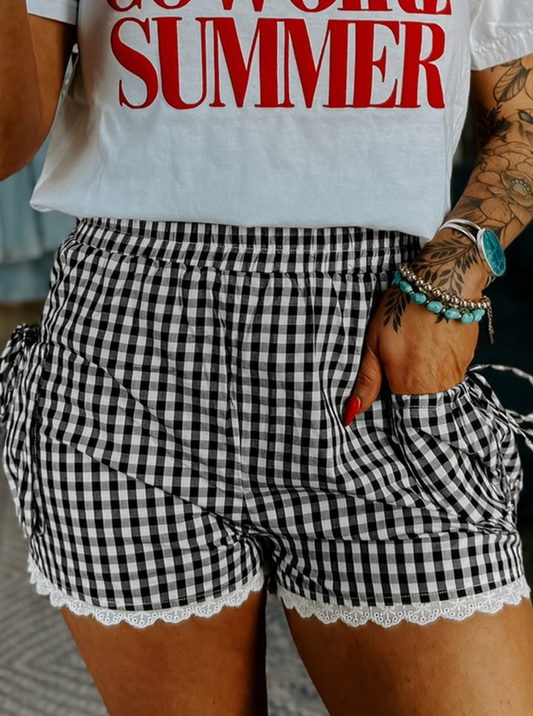 Black Gingham Lace Trim Shorts
