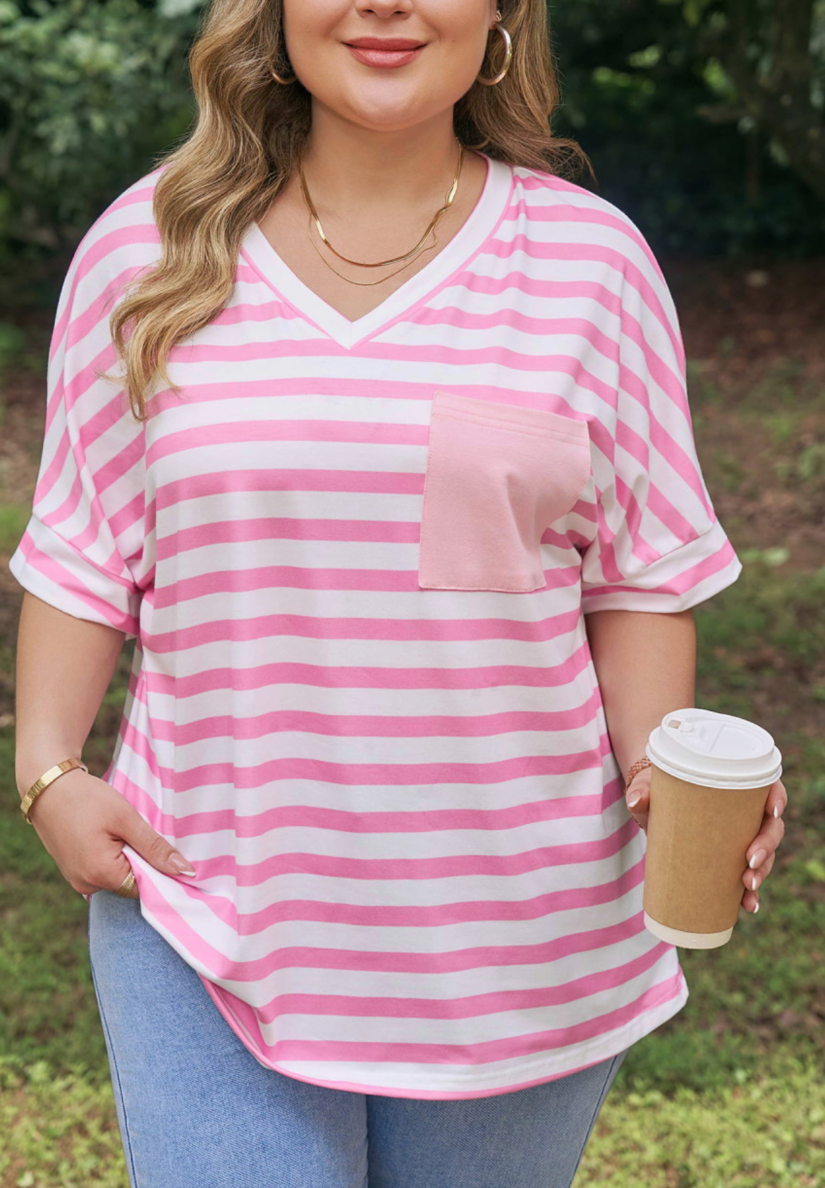 PLUS Pink Stripe Pocket VNeck Tee