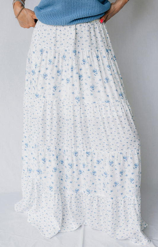 Sky Blue HW Floral Boho Maxi Skirt