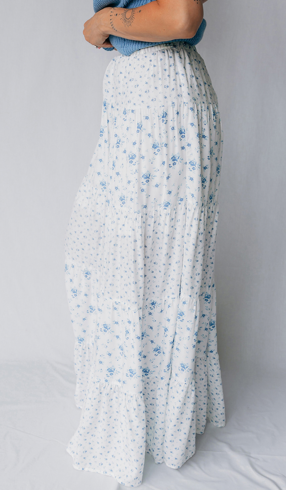 Sky Blue HW Floral Boho Maxi Skirt