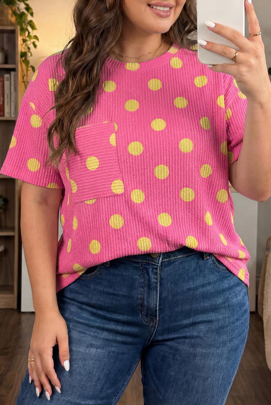 PLUS Pink Ribbed Polka Dot Top